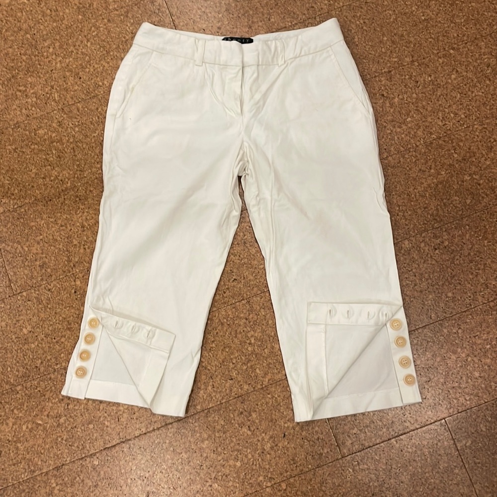 Theory White Capri Pants with button details.  Size 2.